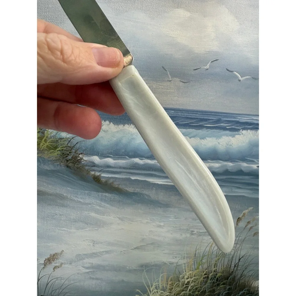 Vintage Quikut Stainless Steel Steak Knife Set 7pc Light Blue Marbled Swirl